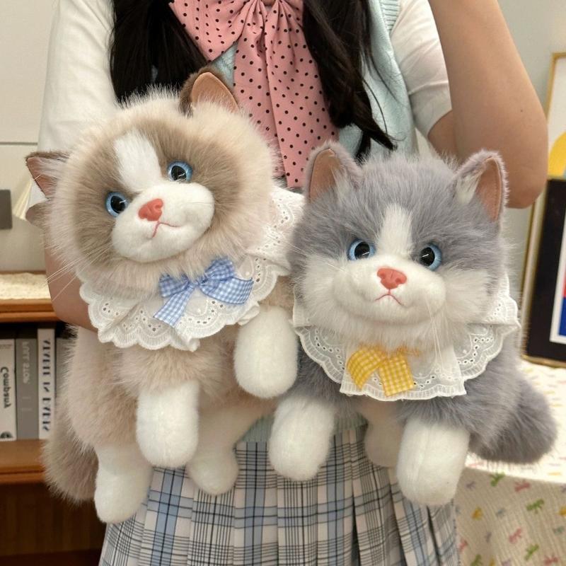 Soft Voiced Cat Plush Toy Simulation Ragdoll Doll with Bib Adorable Stuffed Toy for Desk Bedroom