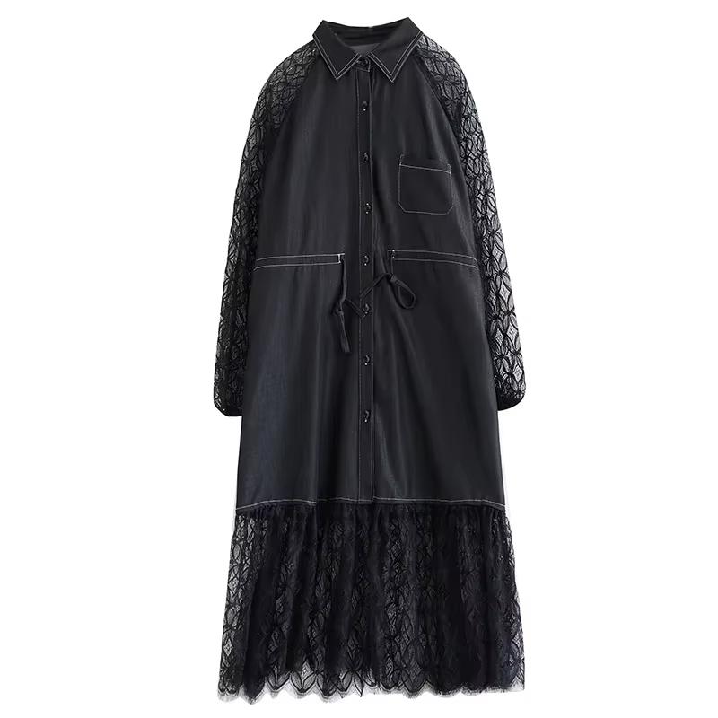 

Xitao Платье-рубашка А-силуэта с отложным воротником и кружевом в стиле пэчворк GMM1138 One Size чёрный