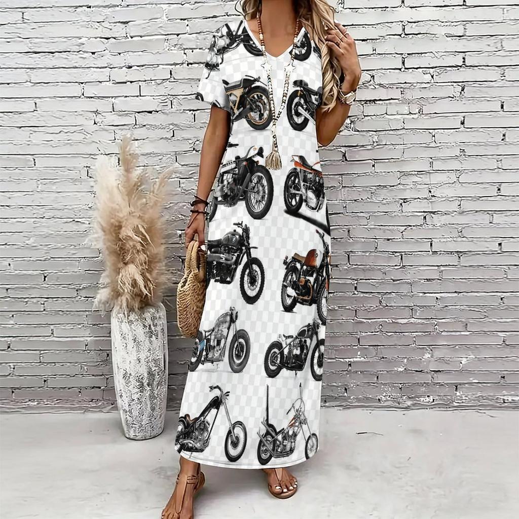 Women Plus Size V Neck Short Sleeve Printed Dark Blue Straight Maxi Dress