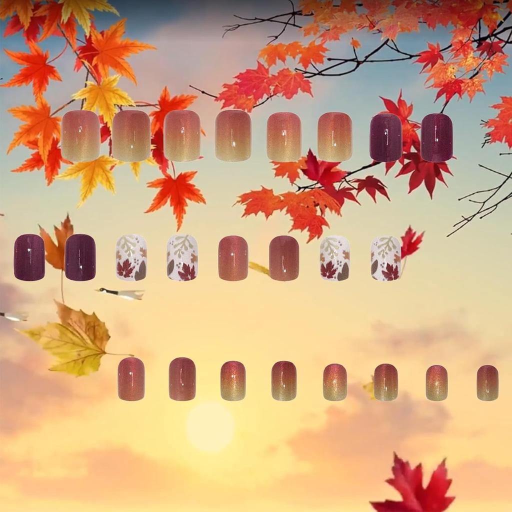 Maple Leaf Press on Nails Fall Leaves Stick on Fingernails Thanksgiving Short Square False Nails 24Pcs Glossy Silver Glitter Acrylic Fake Nail Autumn