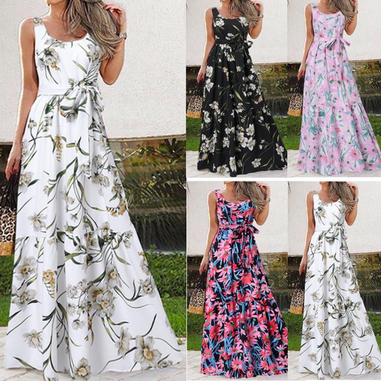 

European and American Style Summer Print Casual Long Dress with Belt 5XL
