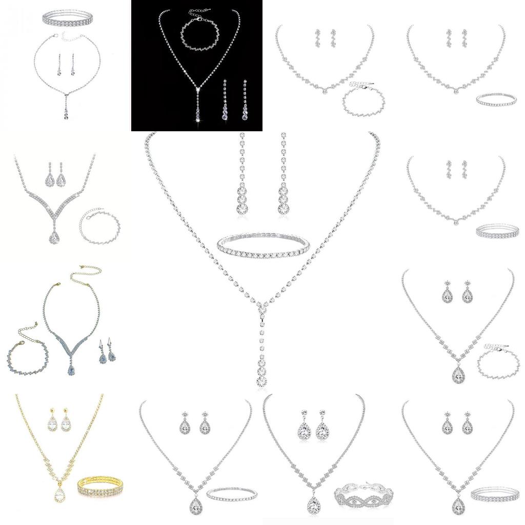 Bridal Party Jewelry Set With Zircon Water Drop Necklace Earrings And Bracelet For Weddings