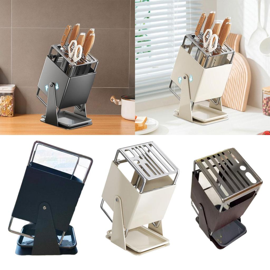 Knife Block with Drain Tray, Rustproof Non Slip Swivel Storage Organizer with Scissors Slot, Kitchen Knife Holder