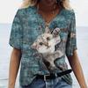 Sommer Damen V-Ausschnitt T-Shirt Niedliche Katze Orangescheiben Aufdruck Lässig Locker Kurzarm Top