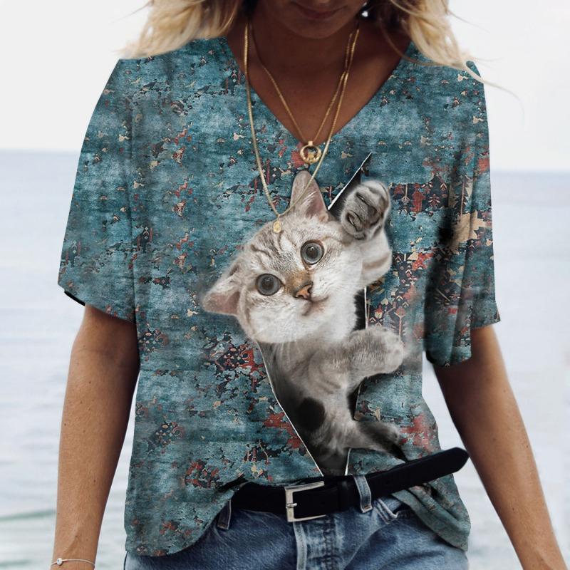 Sommer Damen V-Ausschnitt T-Shirt Niedliche Katze Orangescheiben Aufdruck Lässig Locker Kurzarm Top