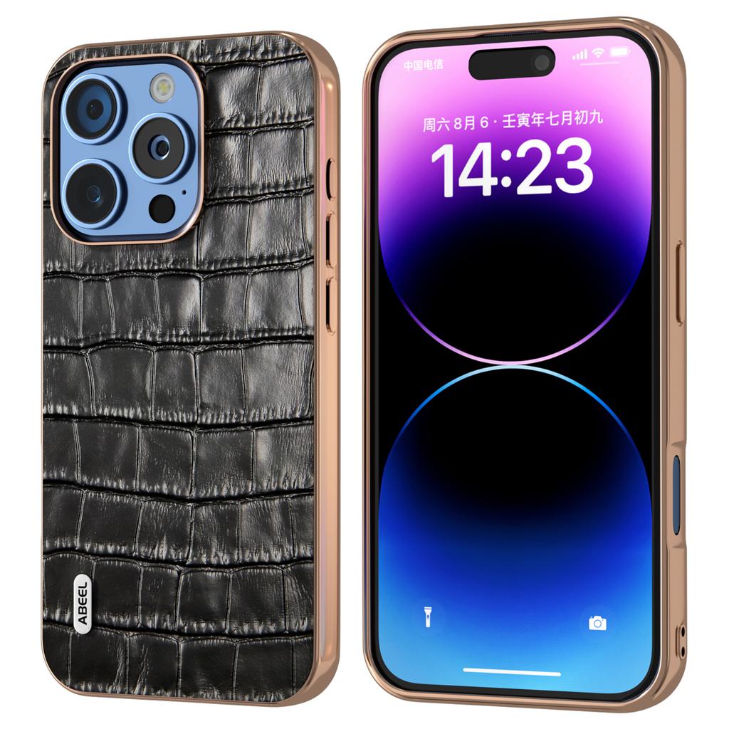 ABEEL For iPhone 16 Pro Case Electroplating Phone Cover Crocodile Texture Genuine Cow Leather+TPU Protective Case