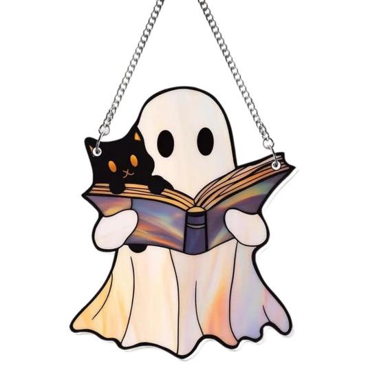 Halloween Cute Ghost Suncatcher Stained Glass Style Acrylic Window Hanging Ghost Light Catcher for Window Wall Decor