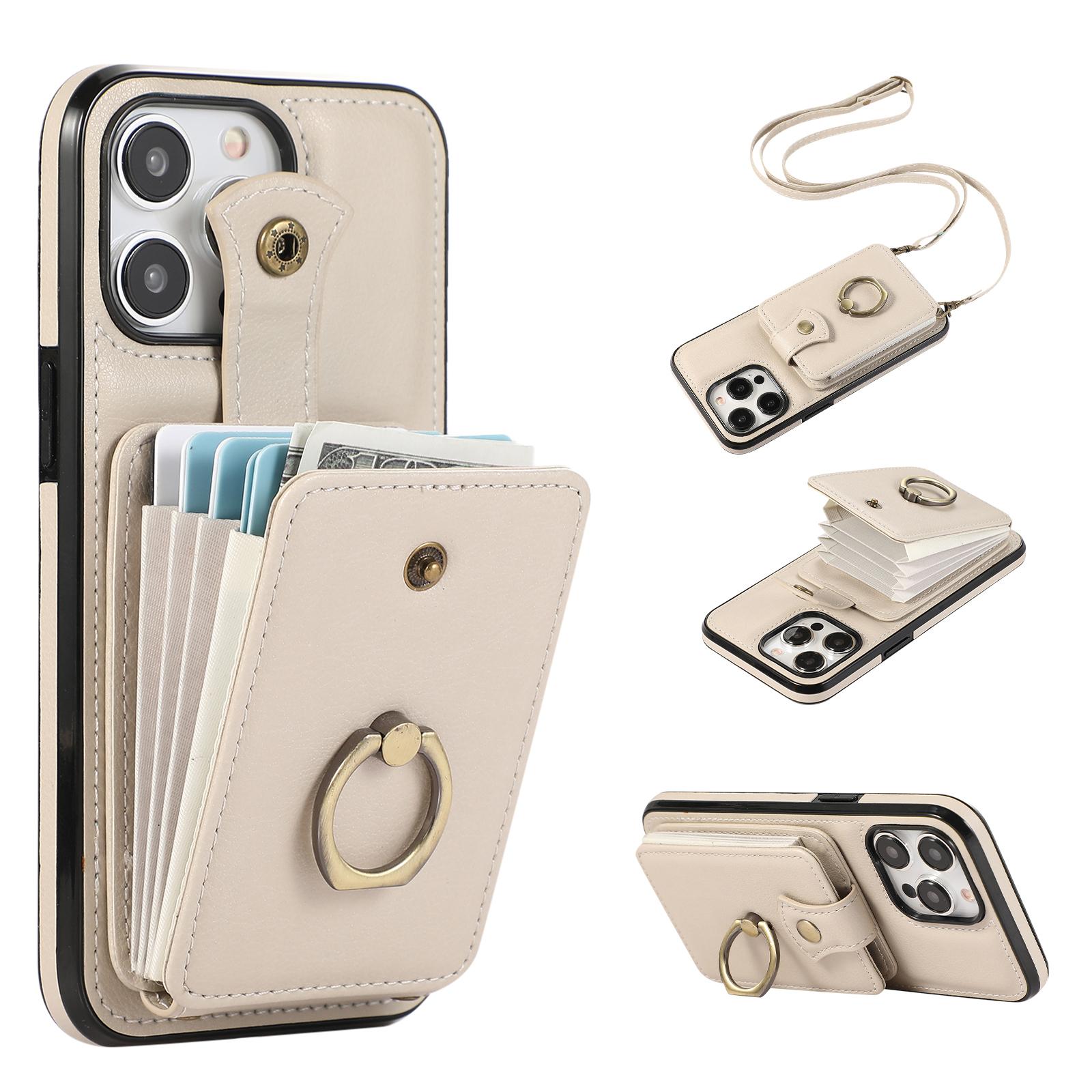 

For iPhone 15 Pro Case Card Holder Ring Kickstand TPU+PU Leather Phone Cover with Long Strap Beige