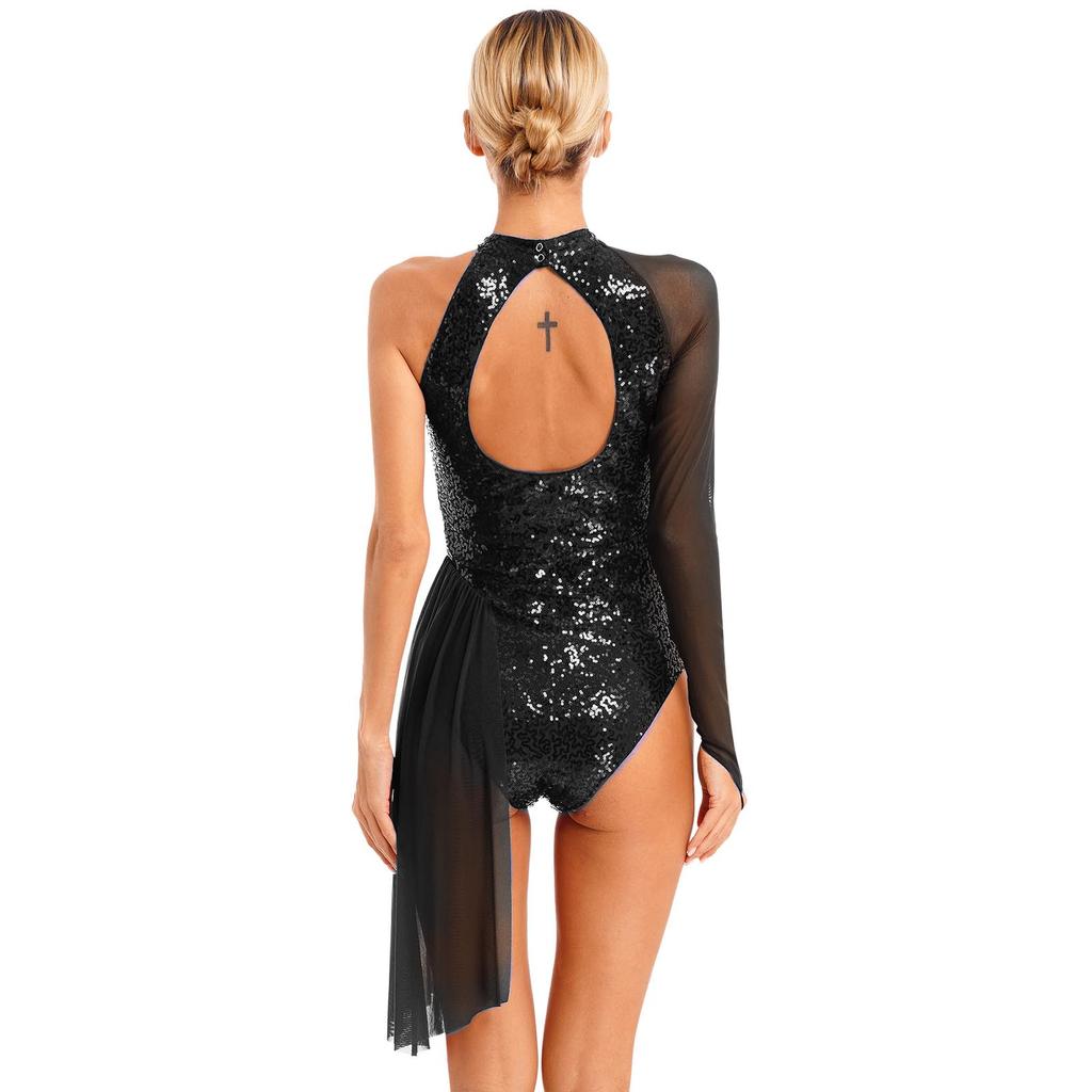 Robe de Patinage Artistique Femme Paillettes Séquins Justaucorps Une Épaule Maille Transparente Manches Longues Col Halter Vêtements de Danse