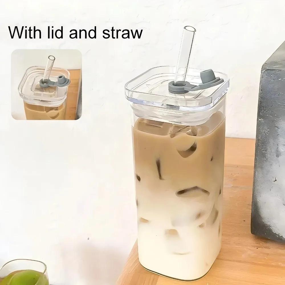Square Heat Resistant Coffee Glass Cup with Lid and Straw Transparent Milk Tea Juice Cups Coffee Mug for Home Bar Drinkware
