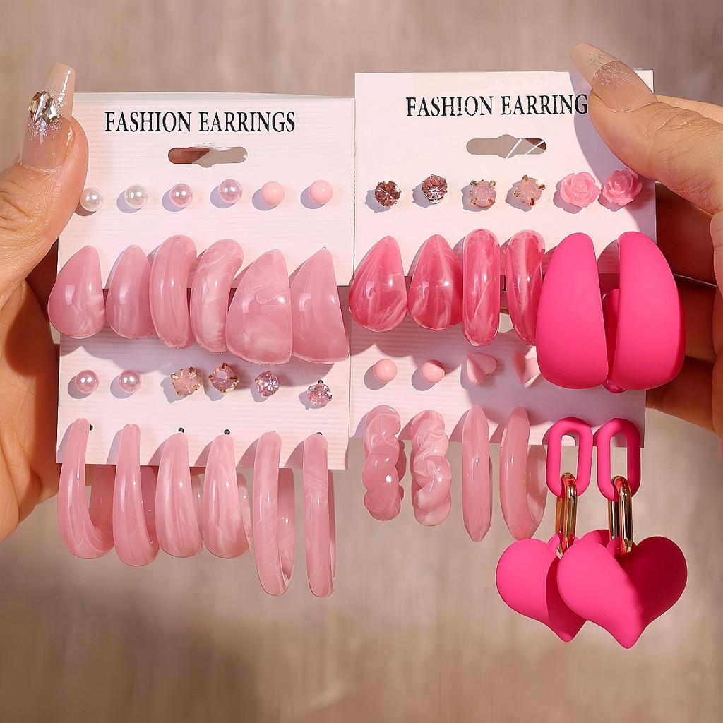 6 Pairs of Pink Suits, Fashion Pearl Love Earrings, Earrings, Card Packs, Resin Earrings for Women