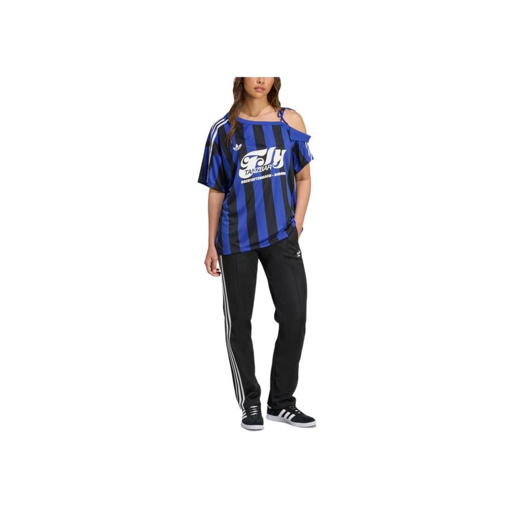 adidas Originals Ss25 Off Shoulder Jersey Fashion Comfortable Short Sleeve Football Shirt Women Tops Neon-Blue Black KD2278