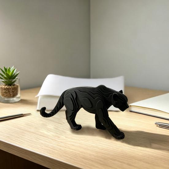 3D Printed Black Panther Figurine, Matte Black Texture Geometric Desktop Decoration, Layered Panther Sculpture Home Office Decor Gift