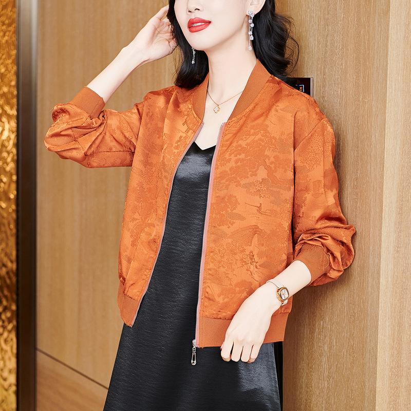 Spring New High-end Casual Loose Outer Wear Jacquard Jacket Black Versatile Stand-up Collar Mother Top Women