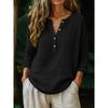2026 New Women's Casual Solid Color Cotton-Linen Long-Sleeve Half-Open V-Neck Top T-Shirt