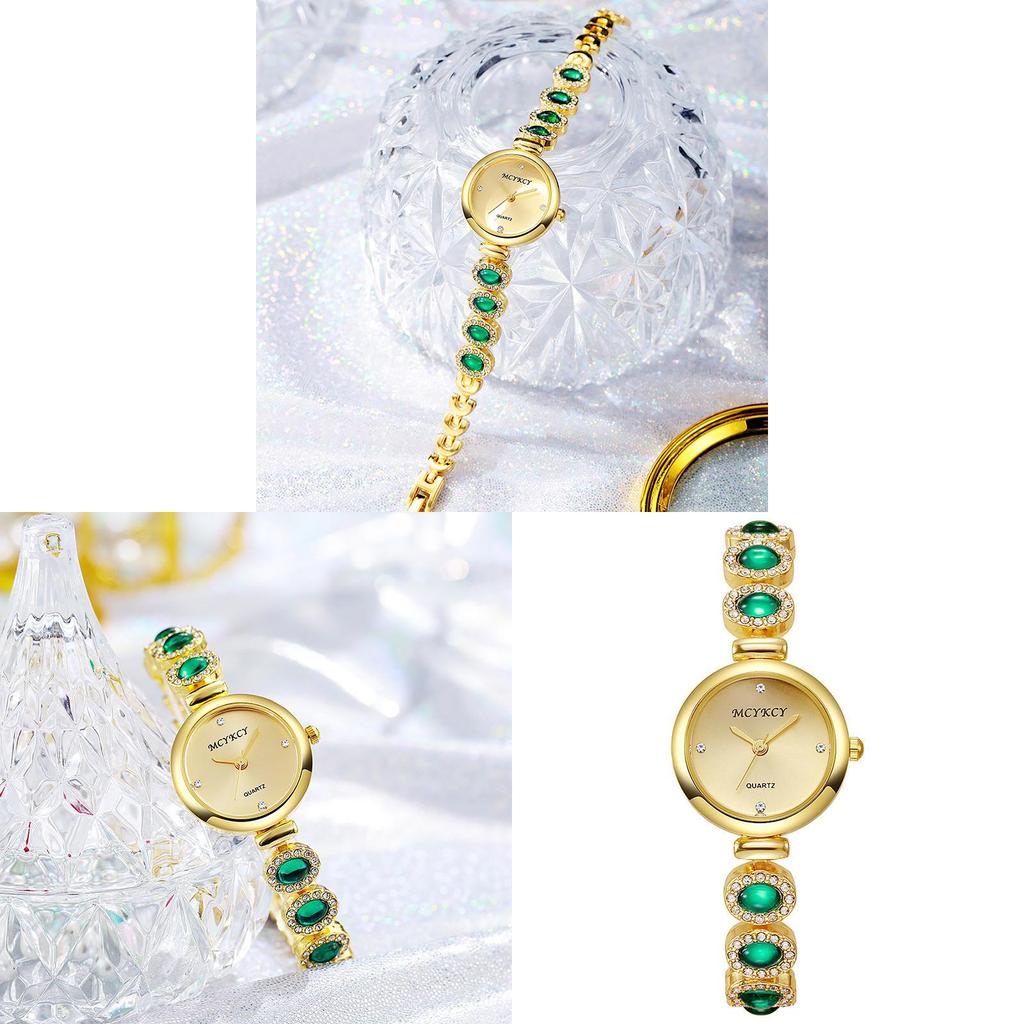 Mcykcy Gold Alloy Watch With Gemstone Dial For Women Elegant Quartz Timepiece