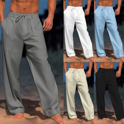 Leinenhose für Herren, Sommer-Strandhose, Vordertasche, einfarbig, bequem, atmungsaktiv und lässig