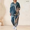 Women Plus Size V Neck Long Sleeve Printed Nurse Scrub Two Piece Set With Pockets