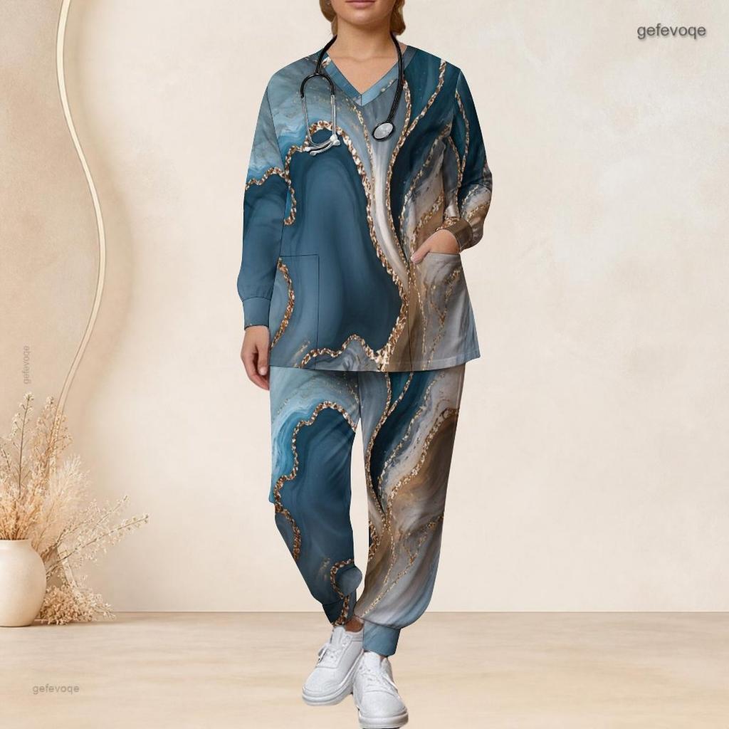 Women Plus Size V Neck Long Sleeve Printed Nurse Scrub Two Piece Set With Pockets