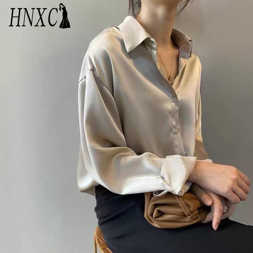 

HNXC Женские модные повседневные блузки и рубашки с принтом однотонного цвета, с длинным рукавом и воротником поло XXXL бежевый