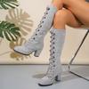 2026 Thigh Boots Women's New Retro Round Toe Spliced Suede Lace-up Non-Slip Wear-Resistant Knight Boots