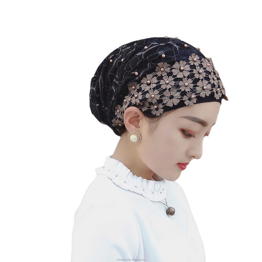 4 Colors Ethnic Women Muslim Solid Color Simple Pullover Lace Breathable Eco-Friendly Headscarf Hat Turban Headwrap Headwear