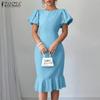 ZANZEA Women Casual Round Neck Summer Puff Short Sleeve Dress