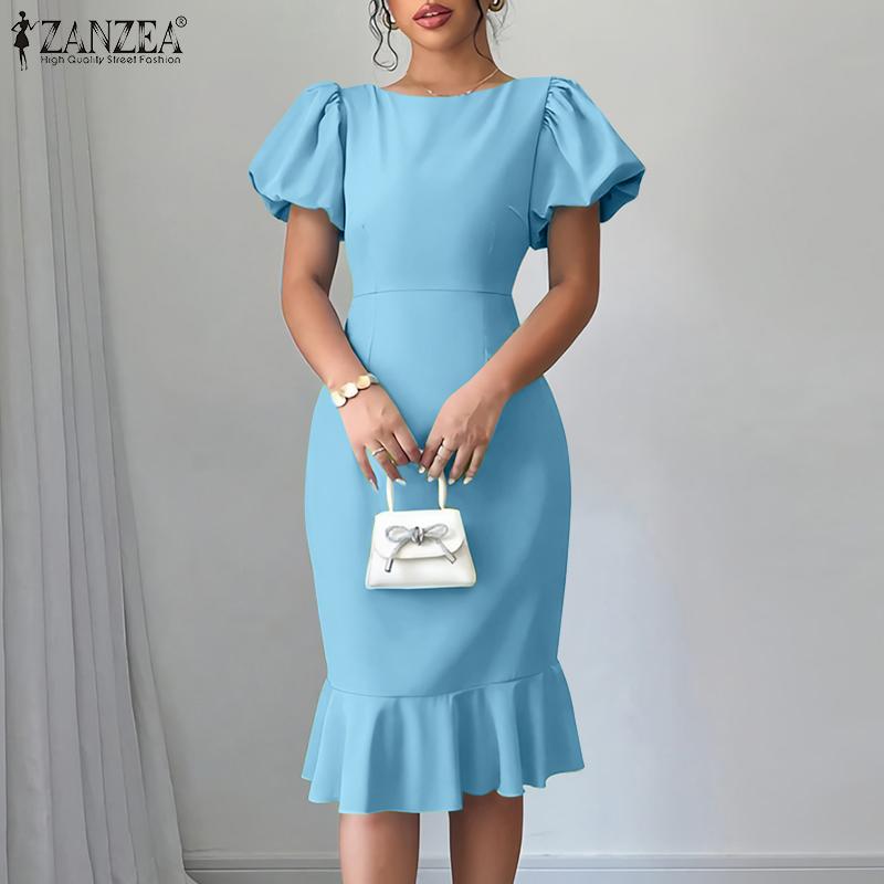 ZANZEA Women Casual Round Neck Summer Puff Short Sleeve Dress