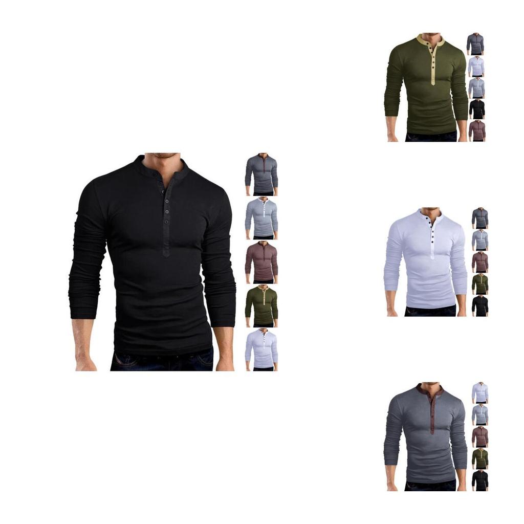 Premium Quality T-shirt Men Fashion Button Front Long Sleeve V-neck Solid Casual Slim Fit