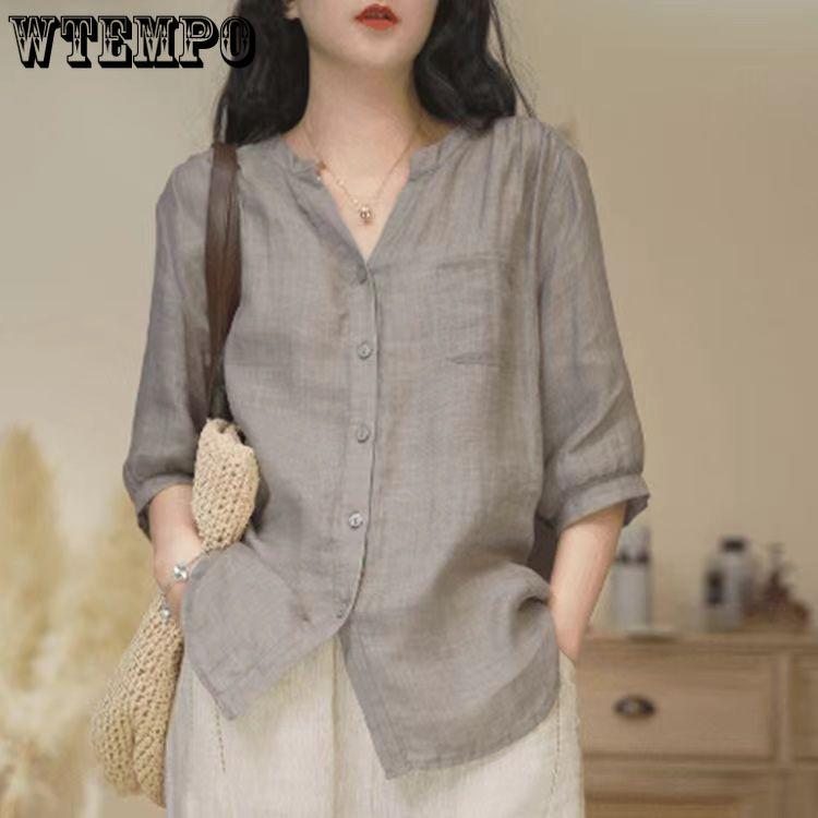 Summer Solid Color V-neck Shirt for Women Mid Sleeved Western-style Shirt for Women