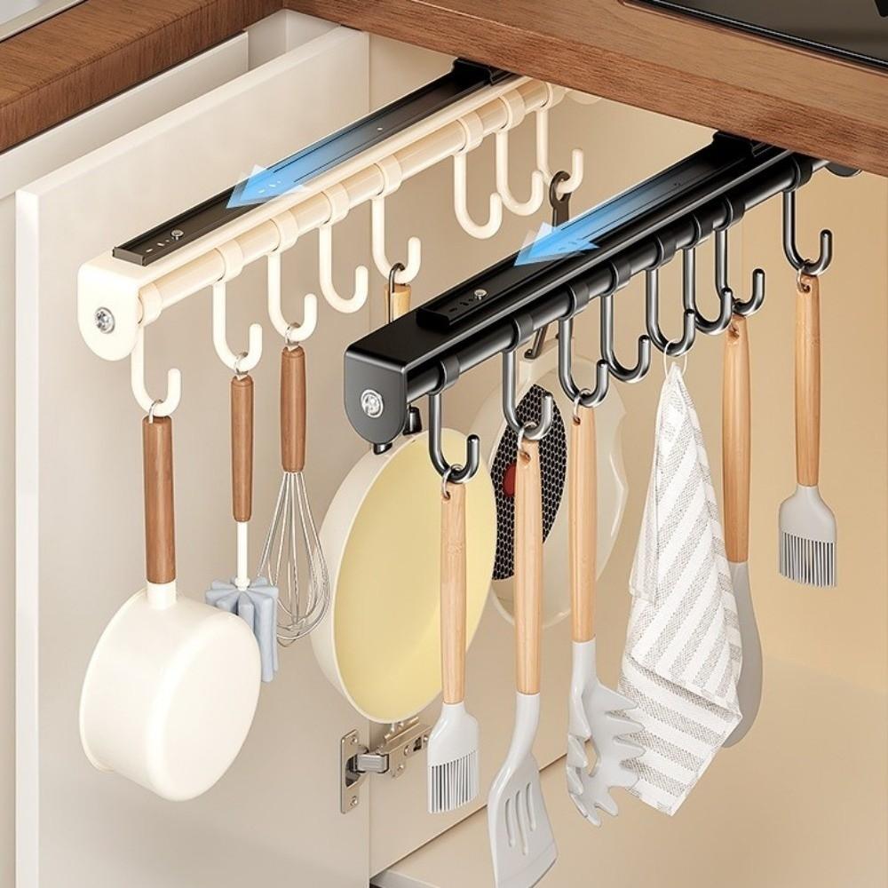 Carbon Steels Pull Out Utensil Hanging Rack Multi Hooks Sliding Rail Hooks Pantry