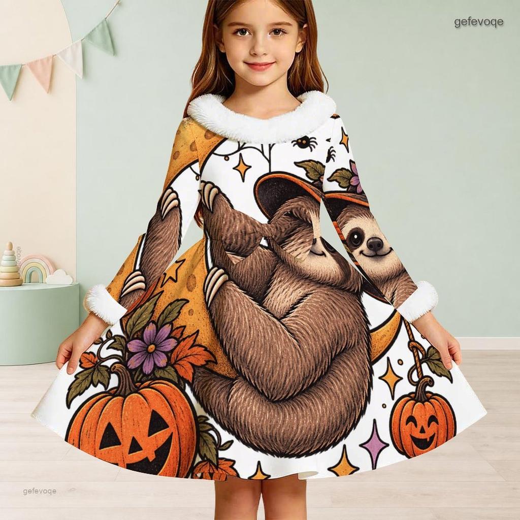 Girls Furry Trim High Neck Long Sleeve A Line Flared Hem Ghost Pumpkin Floral Printed Dress