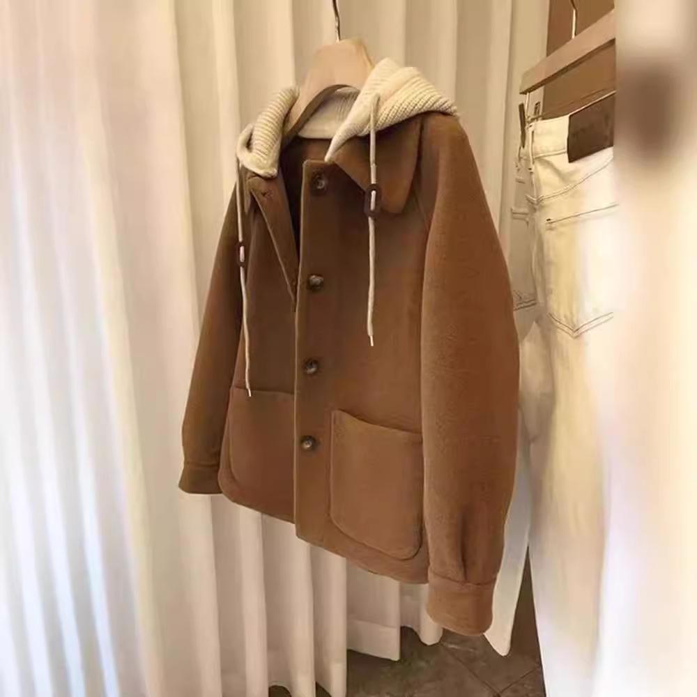 Petite Korean Style Patchwork Color Block Woolen Hooded Coat for Women - Autumn/Winter Short Design