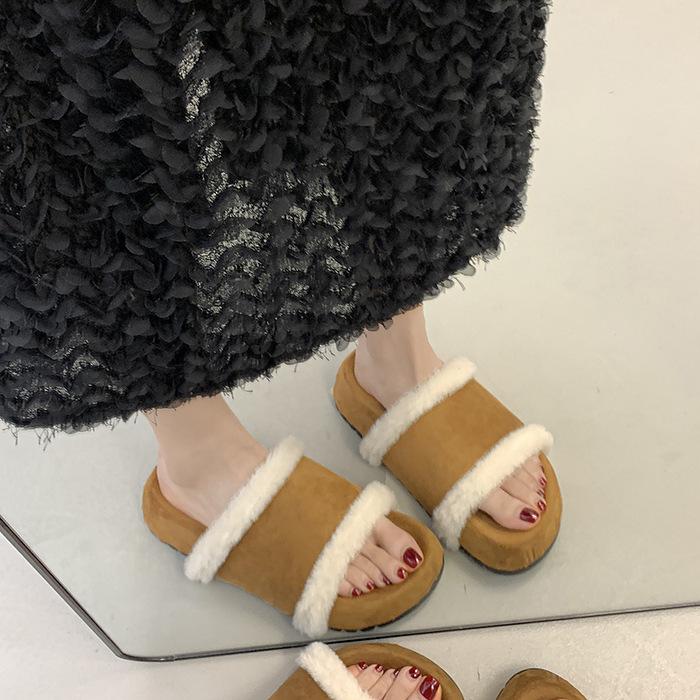 High version 2025 autumn and winter sheepskin integrated cork bottom thick bottom one word open toe fashion casual warm fluffy slippers