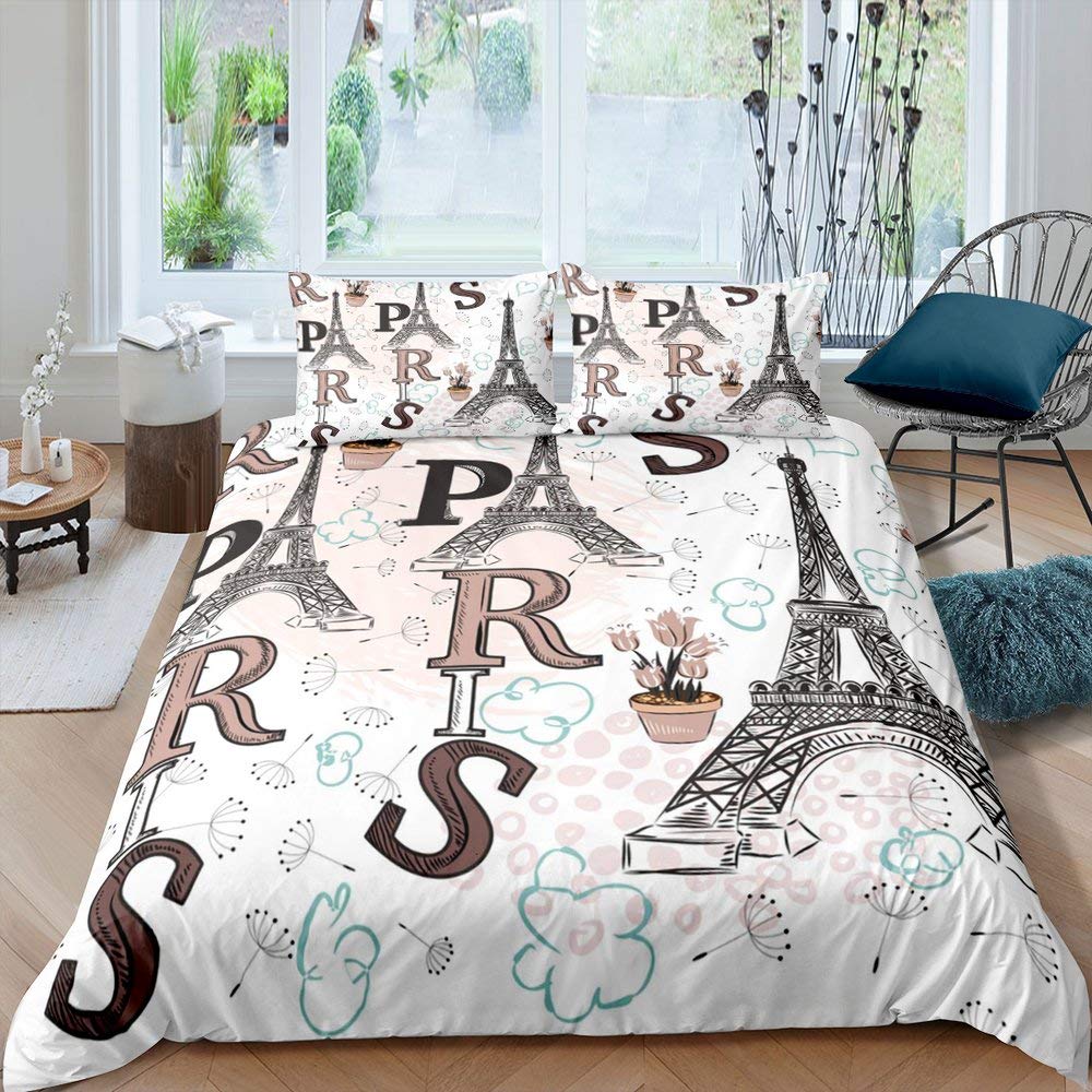 Eiffel Tower Duvet Cover Set King Size Love Heart Bedding Set Paris City Polyester Building Set For Girls France Urban Style