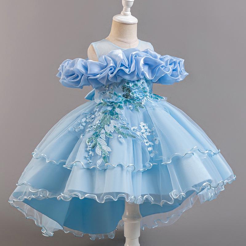Girls' One-Shoulder Luxury Tulle Princess Formal Dress with Train
