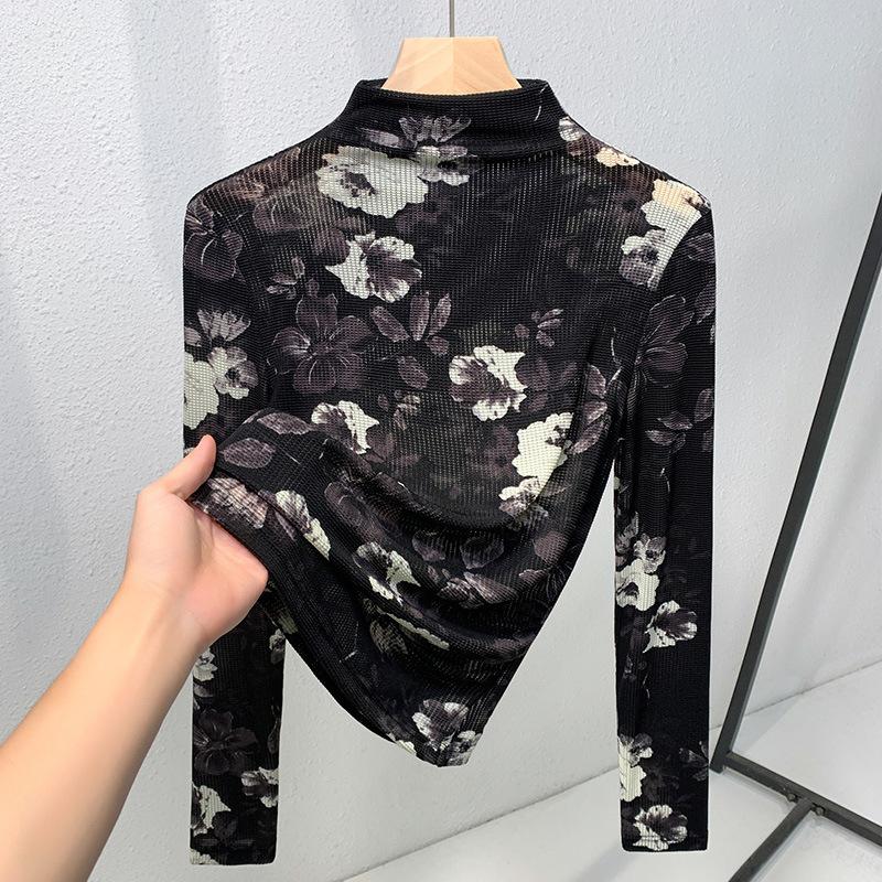 Half Turtleneck Black Printed Mesh Top for Women's Autumn and Winter New Women's Clothing, Bottoming Shirt, Long-sleeved T-shirt