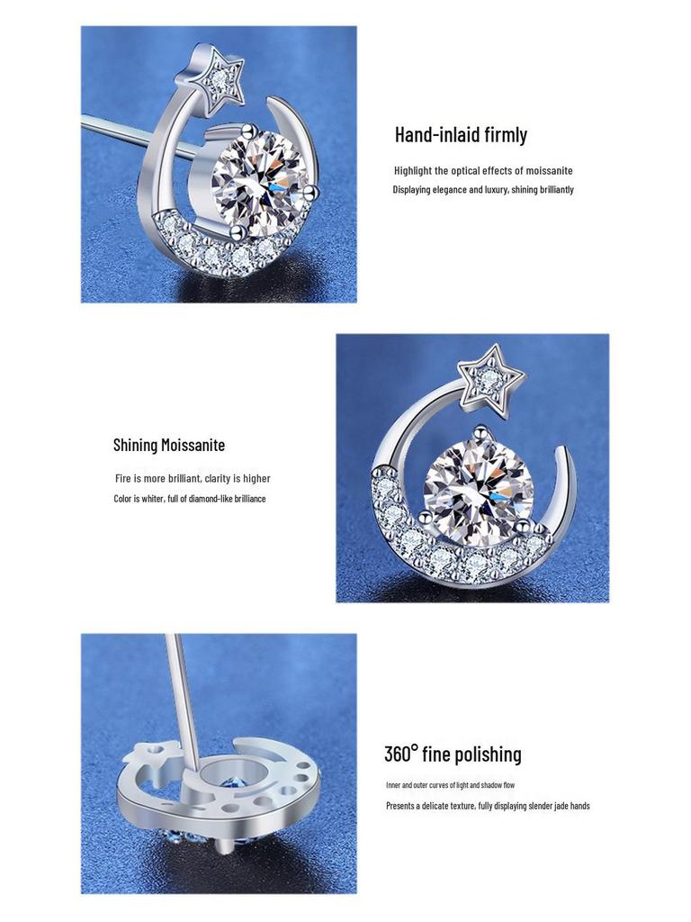 Exquisite S925 Sterling Silver Moissanite Star and Moon Stud Earrings for Pierced Ears