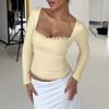 Women Sexy European Style Lace Long Sleeve Solid Color Slim Fit Pullover Top