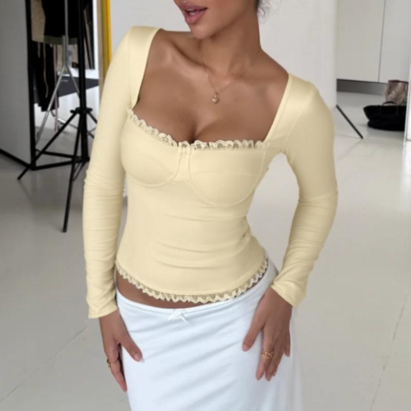 Women Sexy European Style Lace Long Sleeve Solid Color Slim Fit Pullover Top