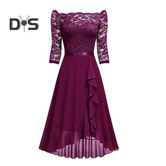 

Сексуальное платье-платье с открытыми плечами, облегающее талию, платье миди с кружевными вставками, рукавами до локтя, неровным оборчатым подолом, шифоновое платье S пурпурно красный