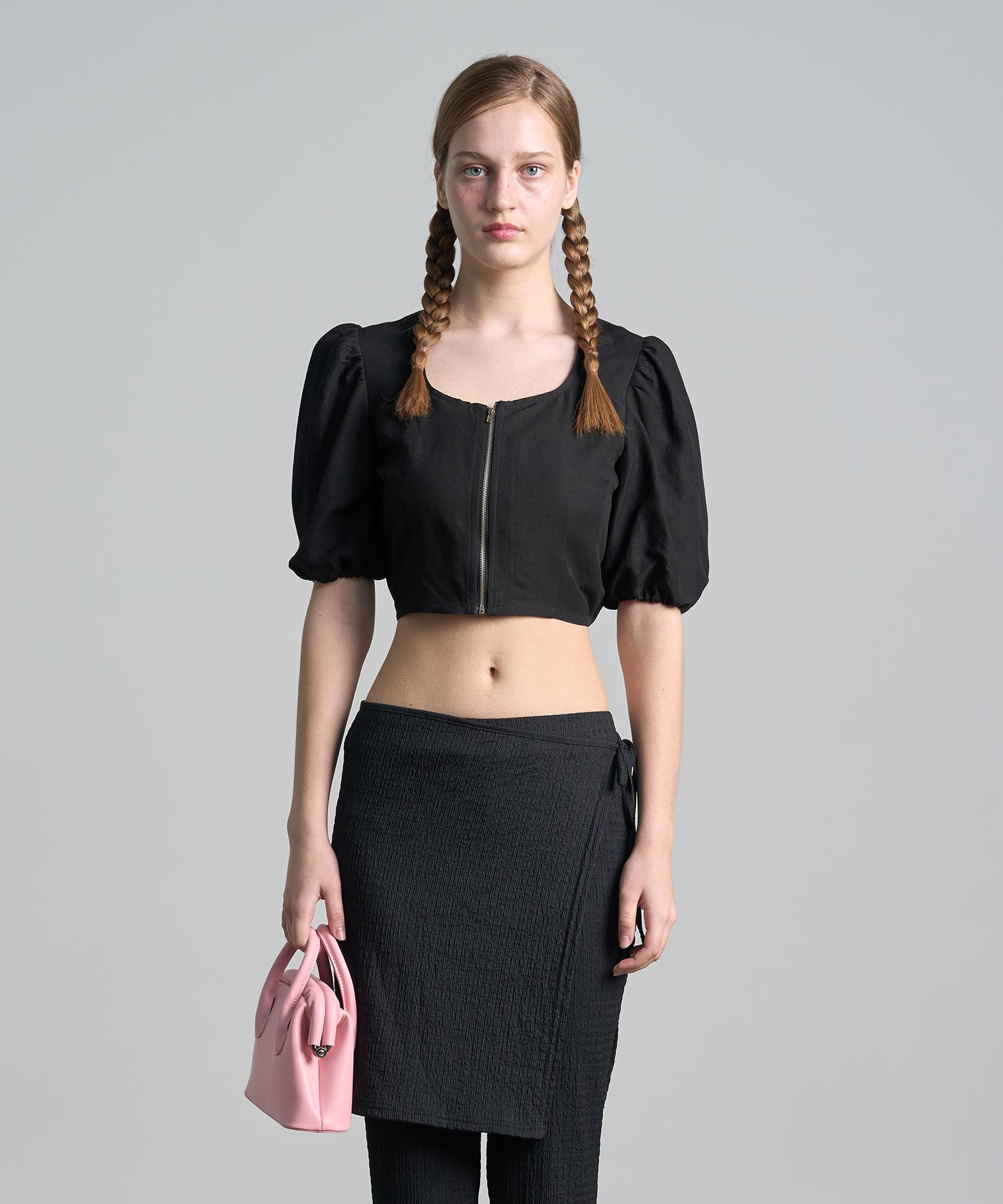 320 Showroom Linen Puff Zipper Crop Blouse Black M