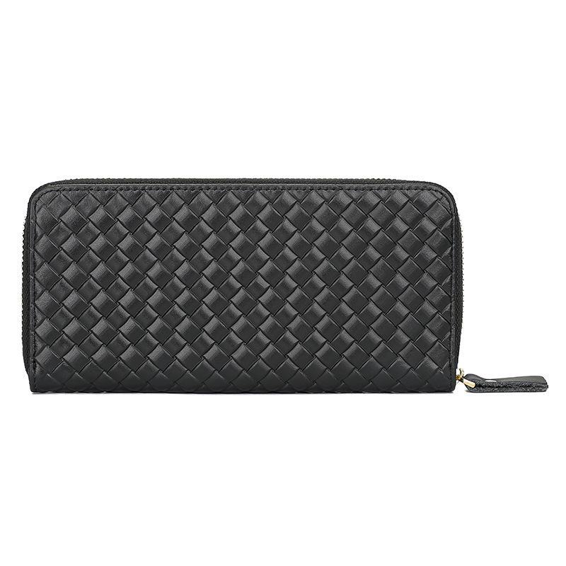 Jiamida Genuine Leather Woven Long Clutch with Multi-Card Slots and Coin Pouch