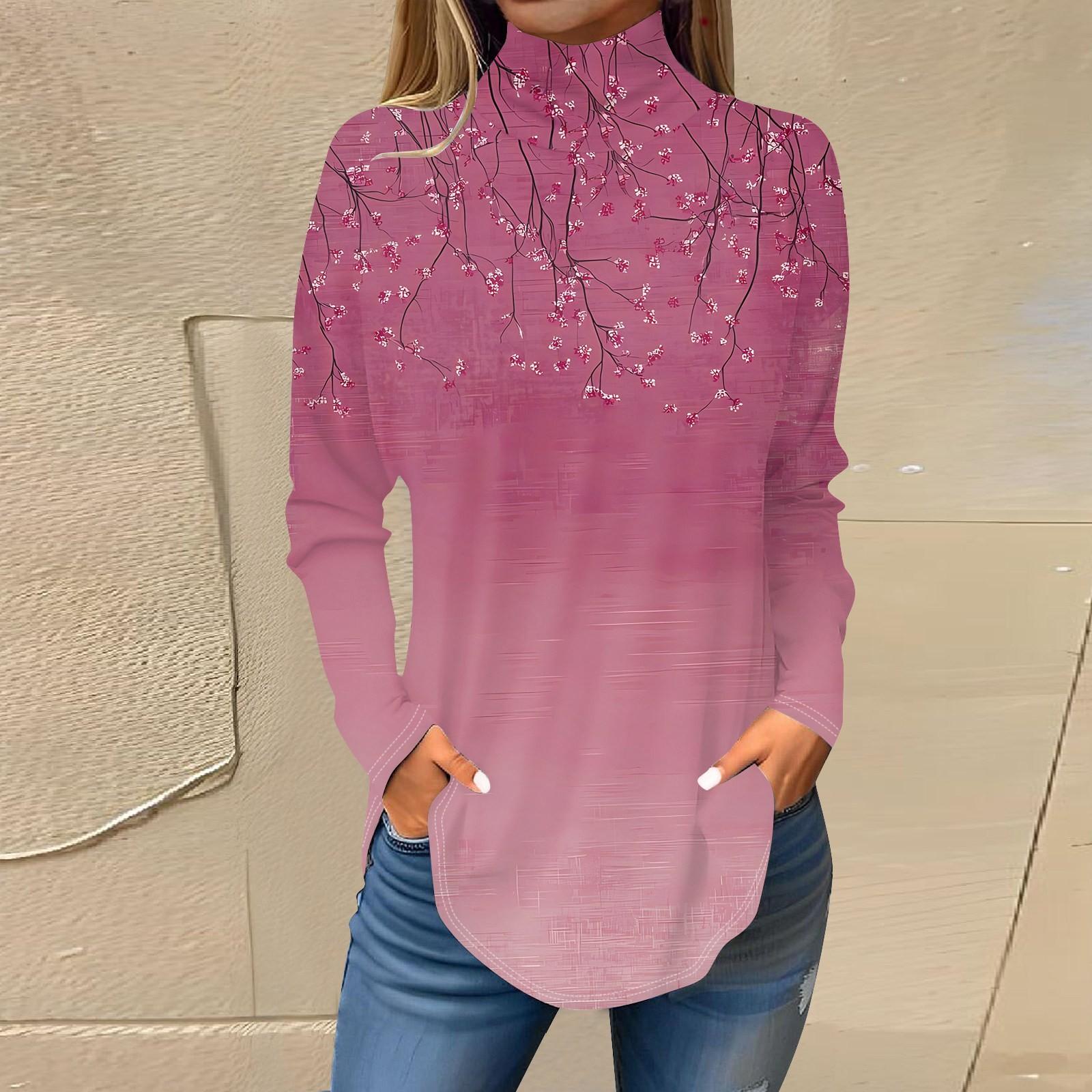 

Женская модная повседневная футболка с длинным рукавом с высоким воротом и принтом, пуловер, топ L