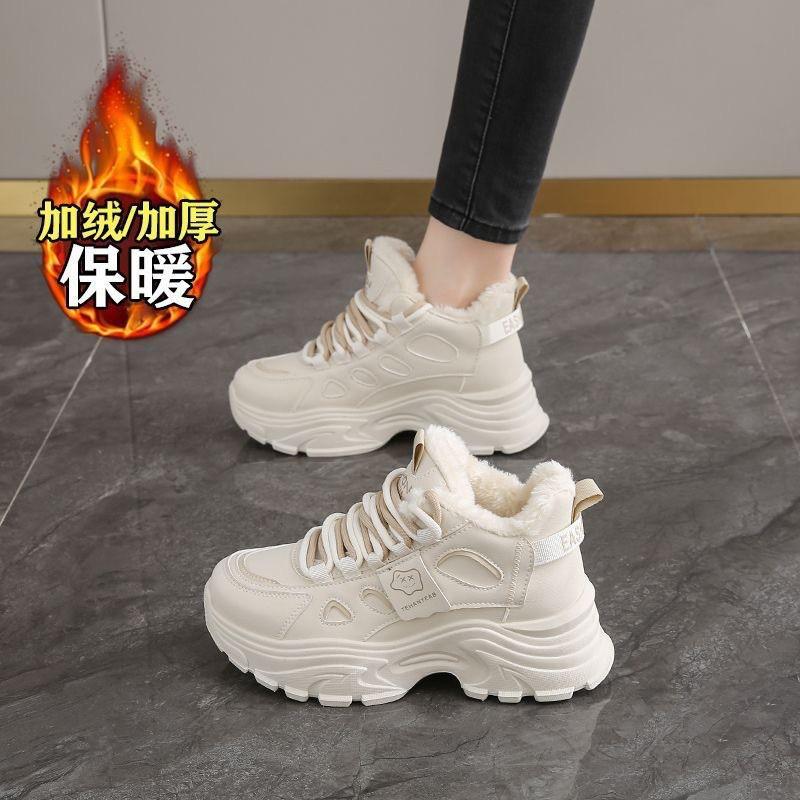 

Velvet Dad Shoes Women s All-matching Thick Thermal Cotton Platform Sole Height Increasing Mid-top Sneaker Front Lace 40