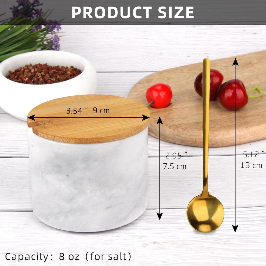 Marble Salt Cellar Box with Bamboo Lid & Metal Spoon, Modern Stone Salt or Pepper Sugar Spice Seasoning Bowl Container Jar Holder Well Keeper Dish