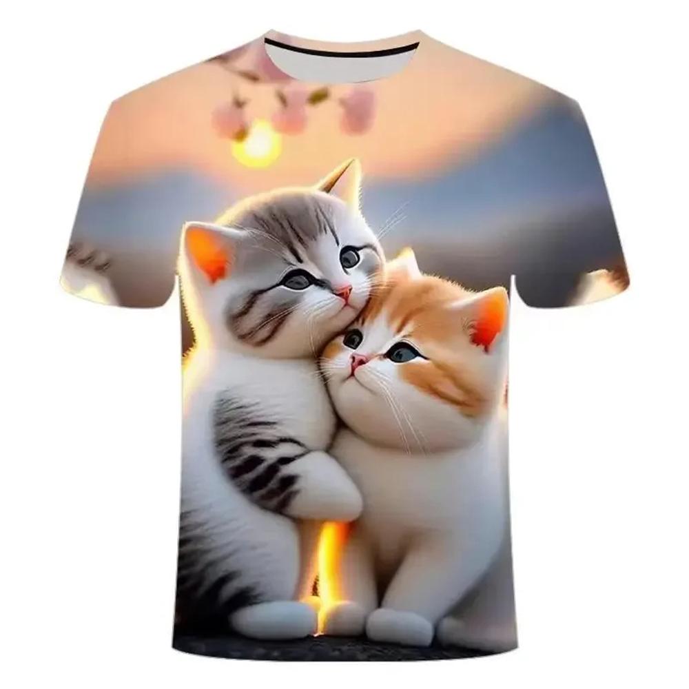 Short-sleeve cute cat print children's summer clothing, cartoon girls' pretty and beautiful top, casual round-neck T-shirt