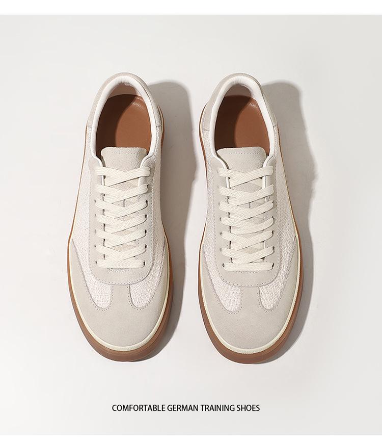 Men's Old Money Style Low-Top Breathable Cowhide Spliced Linen White Skate & Running Shoes