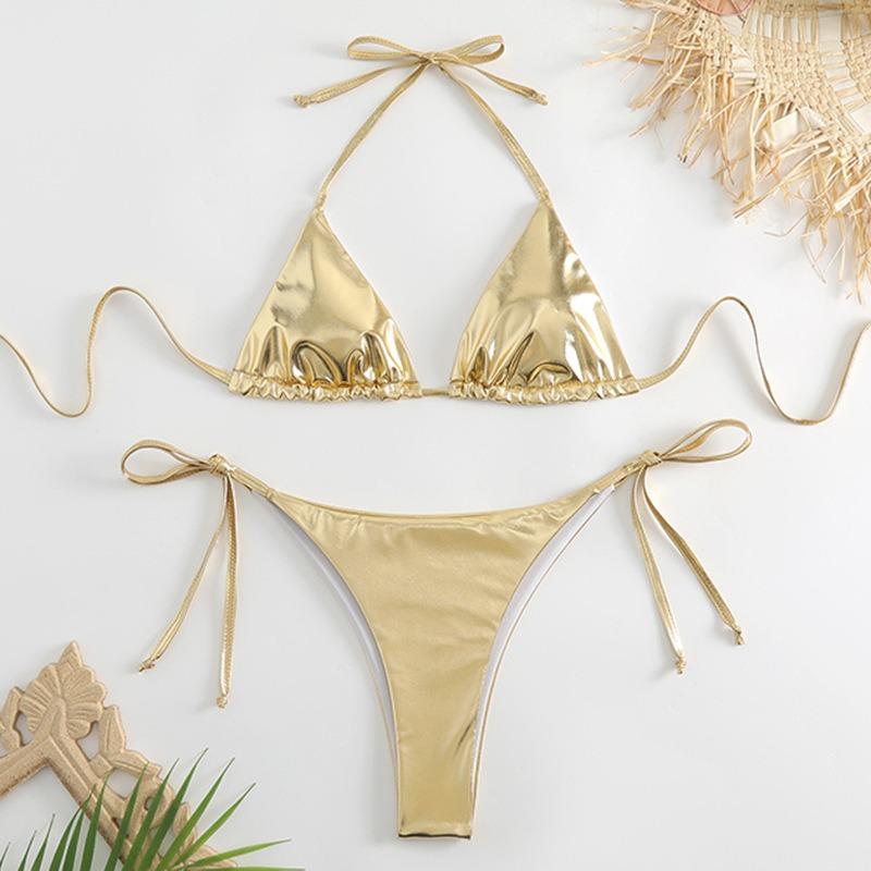 Women s Metallic Gold Triangle Halter & Side Tie Two-Piece Bikini Swimsuit S