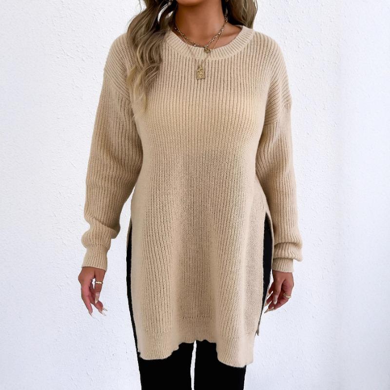 Autumn Winter New Tops Cross-border European and American Women's Round Neck Pullover Slit Woven Casual Sweater